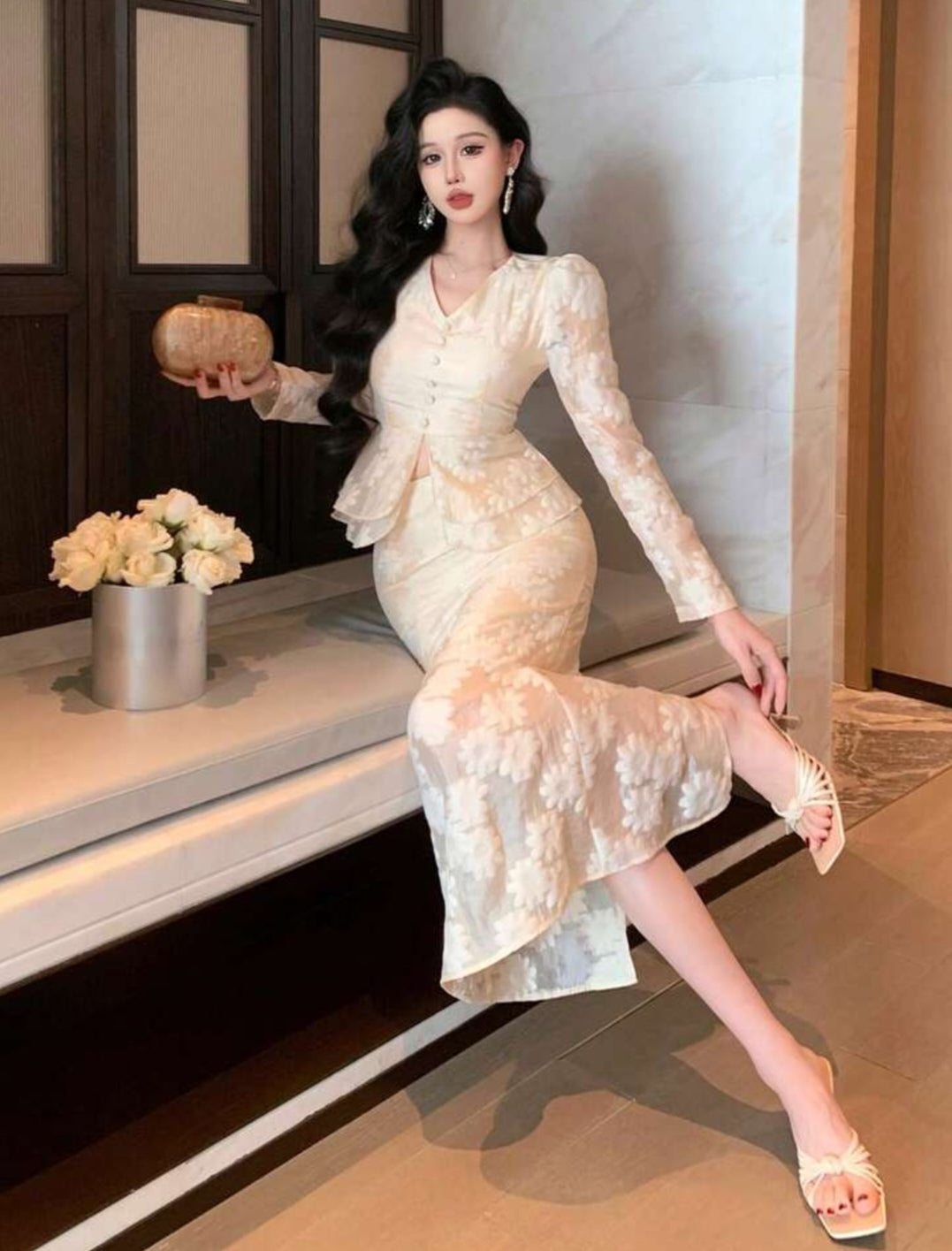 DAZY Spring&Autumn Elegant White Floral Organza Lace Blouse