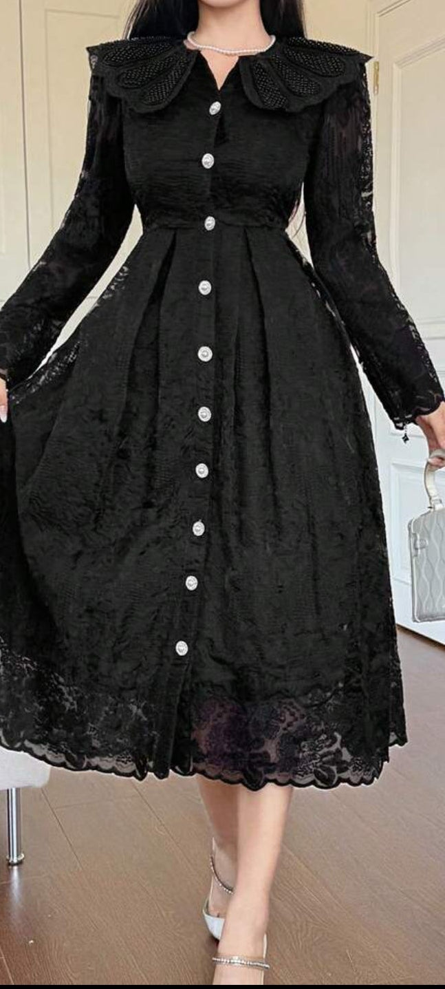 DAZY Delicate Lace Hollow-Out Solid Color Dress