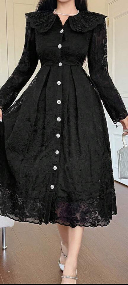 DAZY Delicate Lace Hollow-Out Solid Color Dress