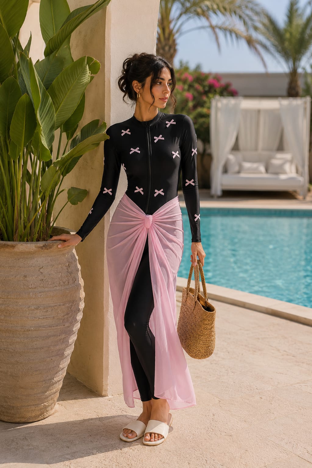 An elegant burkini with a pink skirt, for a distinctive and modern beach look