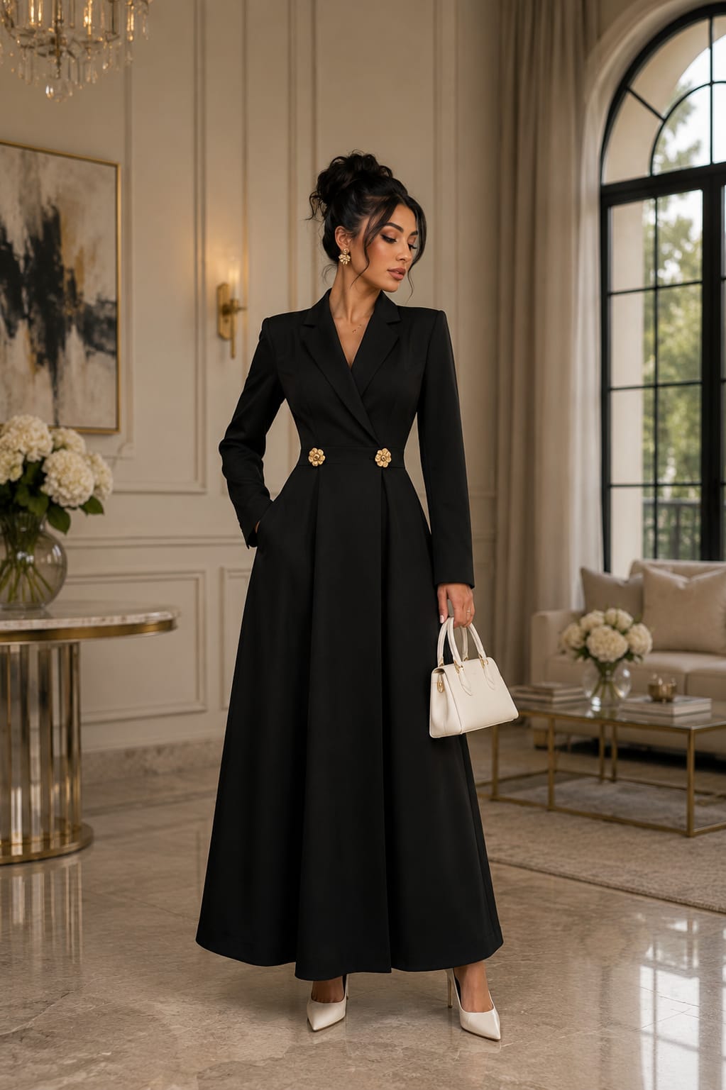 A black dress with a classic cut and gold buttons