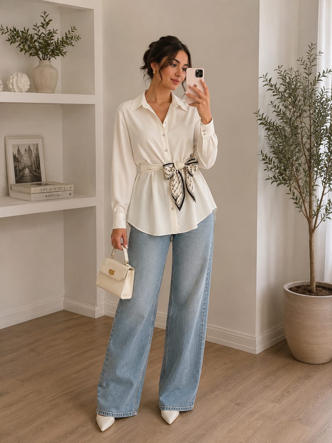 A white shirt with a tie at the waist for a sophisticated, feminine look