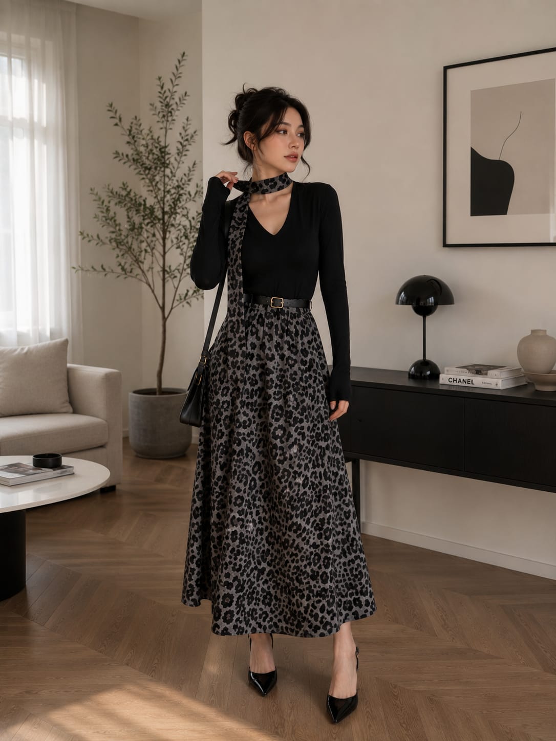 An elegant dress with a sophisticated design that combines classic black with a modern leopard print