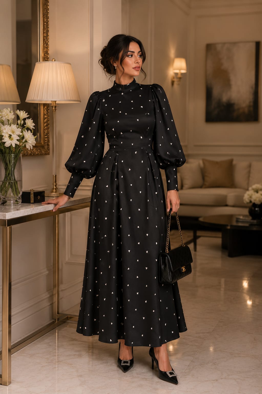 Black polka dot dress with an elegant, feminine design