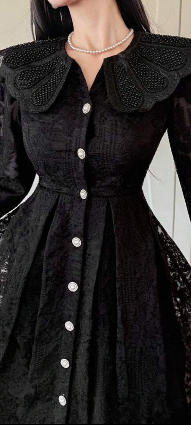 DAZY Delicate Lace Hollow-Out Solid Color Dress