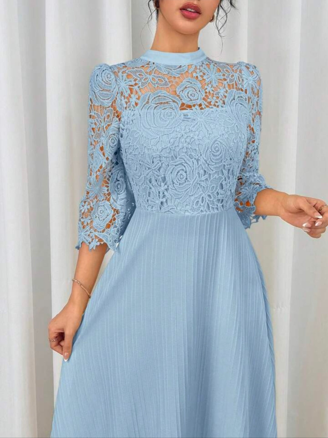 Modelyn Yellow Eyelet Embroidery Patchwork Maxi Long Sleeve Dress For Women