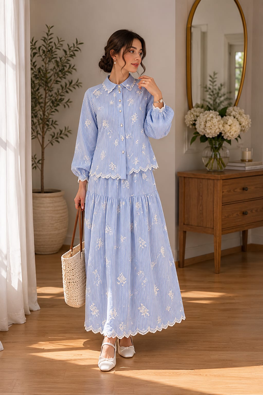A blue set embroidered with elegant feminine details
