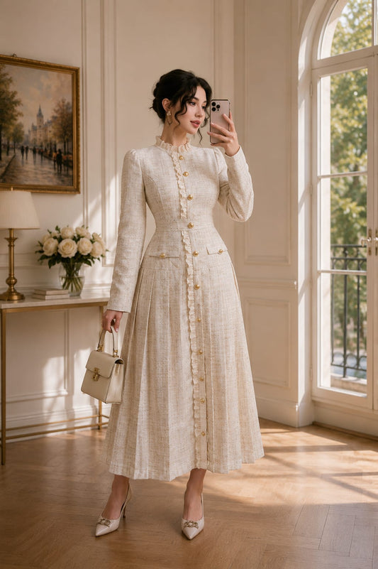 A long dress with elegant pleats and front buttons