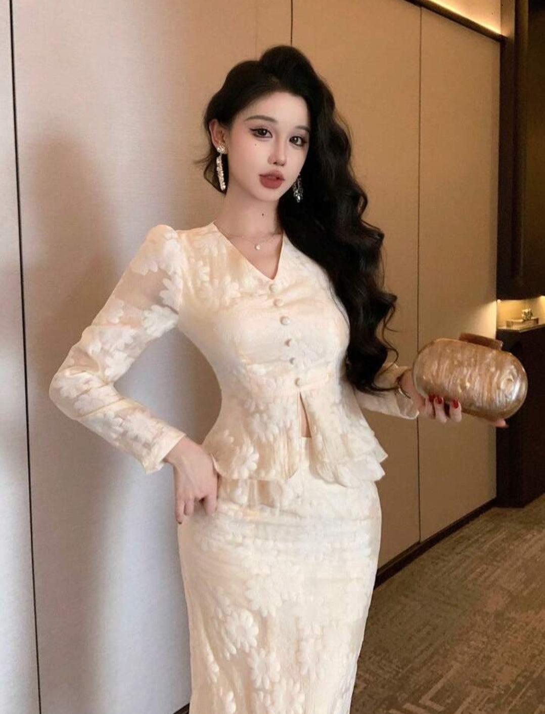 DAZY Spring&Autumn Elegant White Floral Organza Lace Blouse