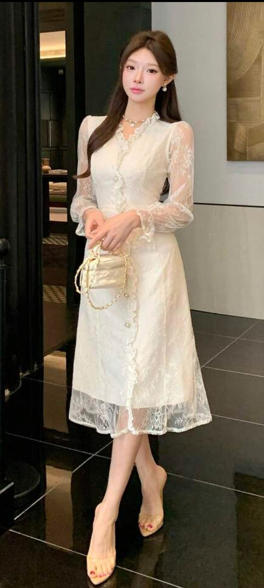 DAZY Elegant Lace Patchwork Stand Collar Frill Trim Midi Dress For Women, Autumn