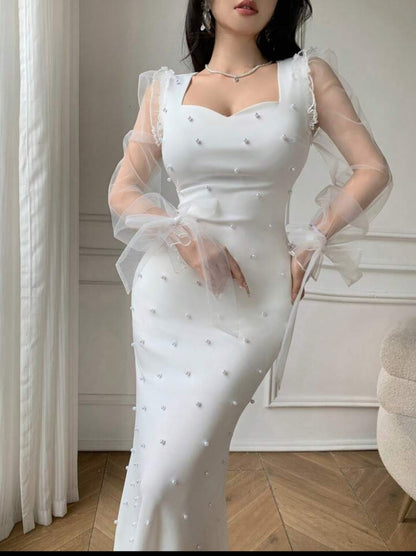 Celisse Elegant White Pearl Decor Square Neck Puff Sleeve Waist Fitted Fishtail Dress