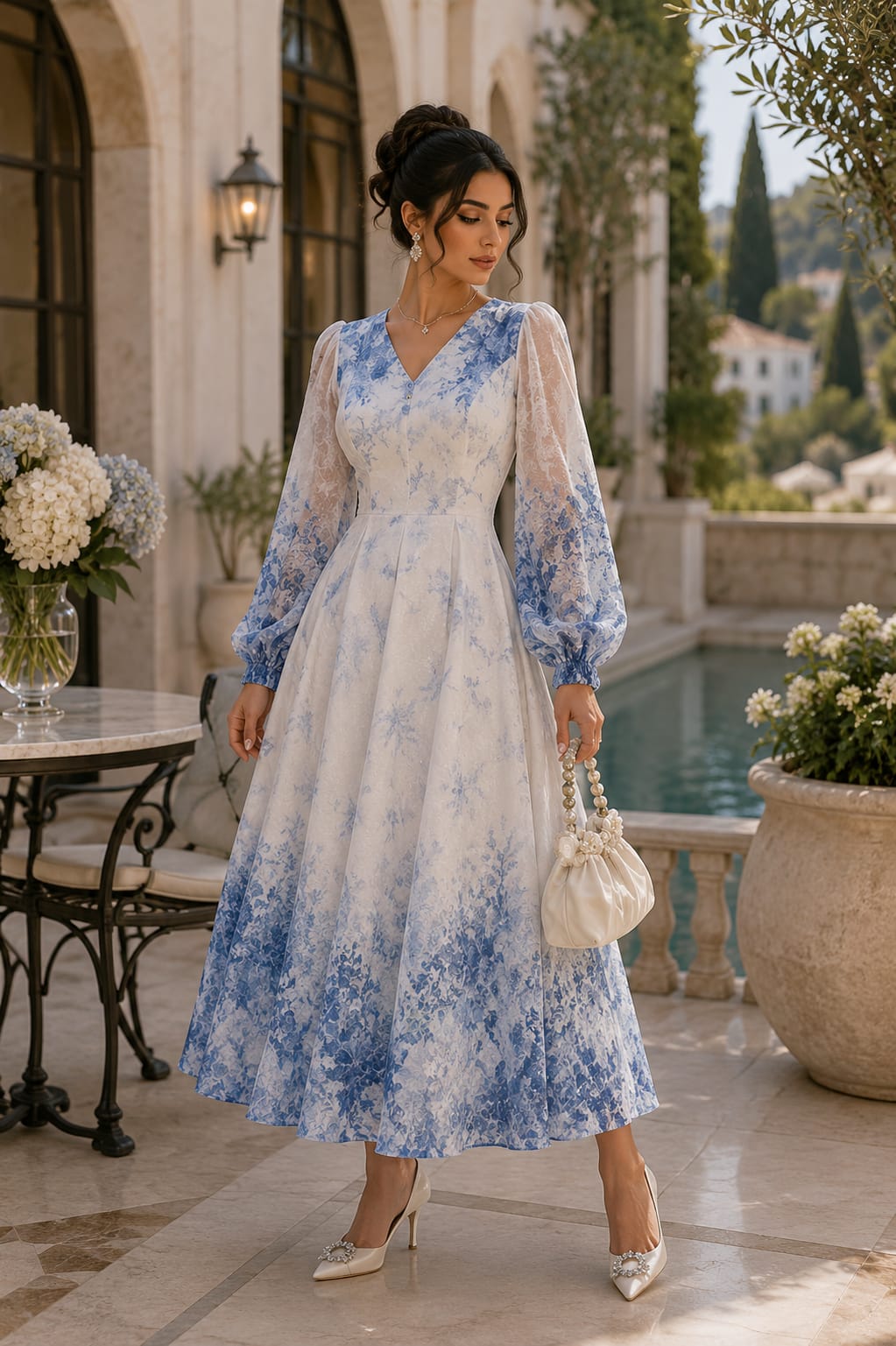 Elegant blue patterned long dress