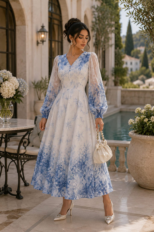 Elegant blue patterned long dress