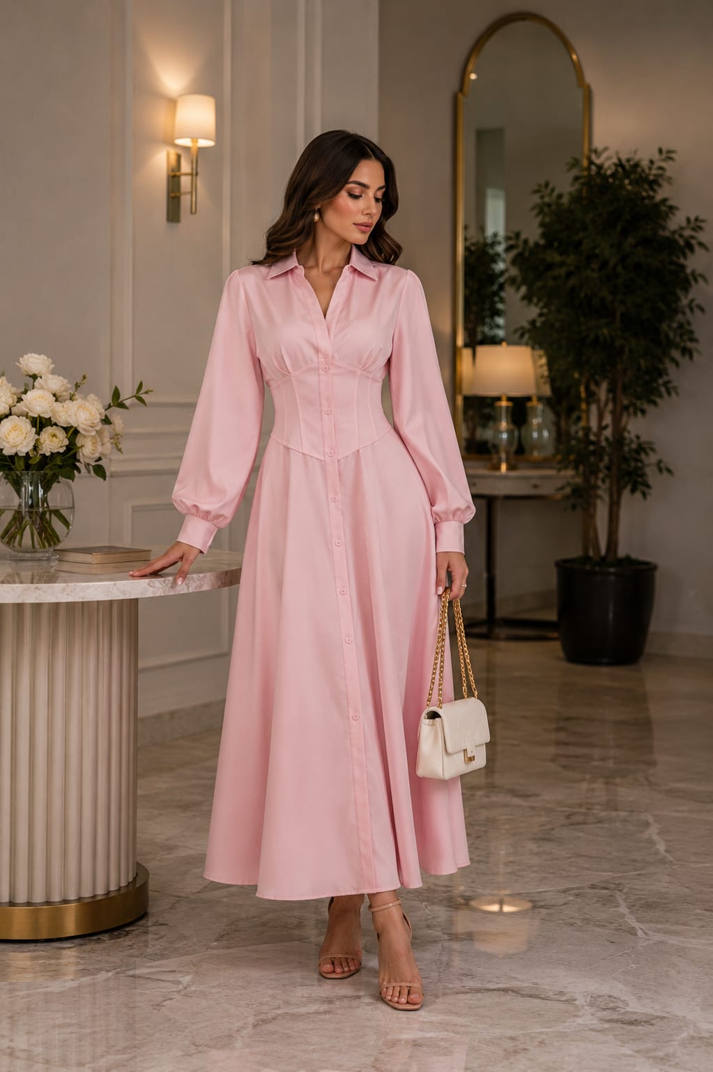 An elegant pink dress with a soft and flowing cut