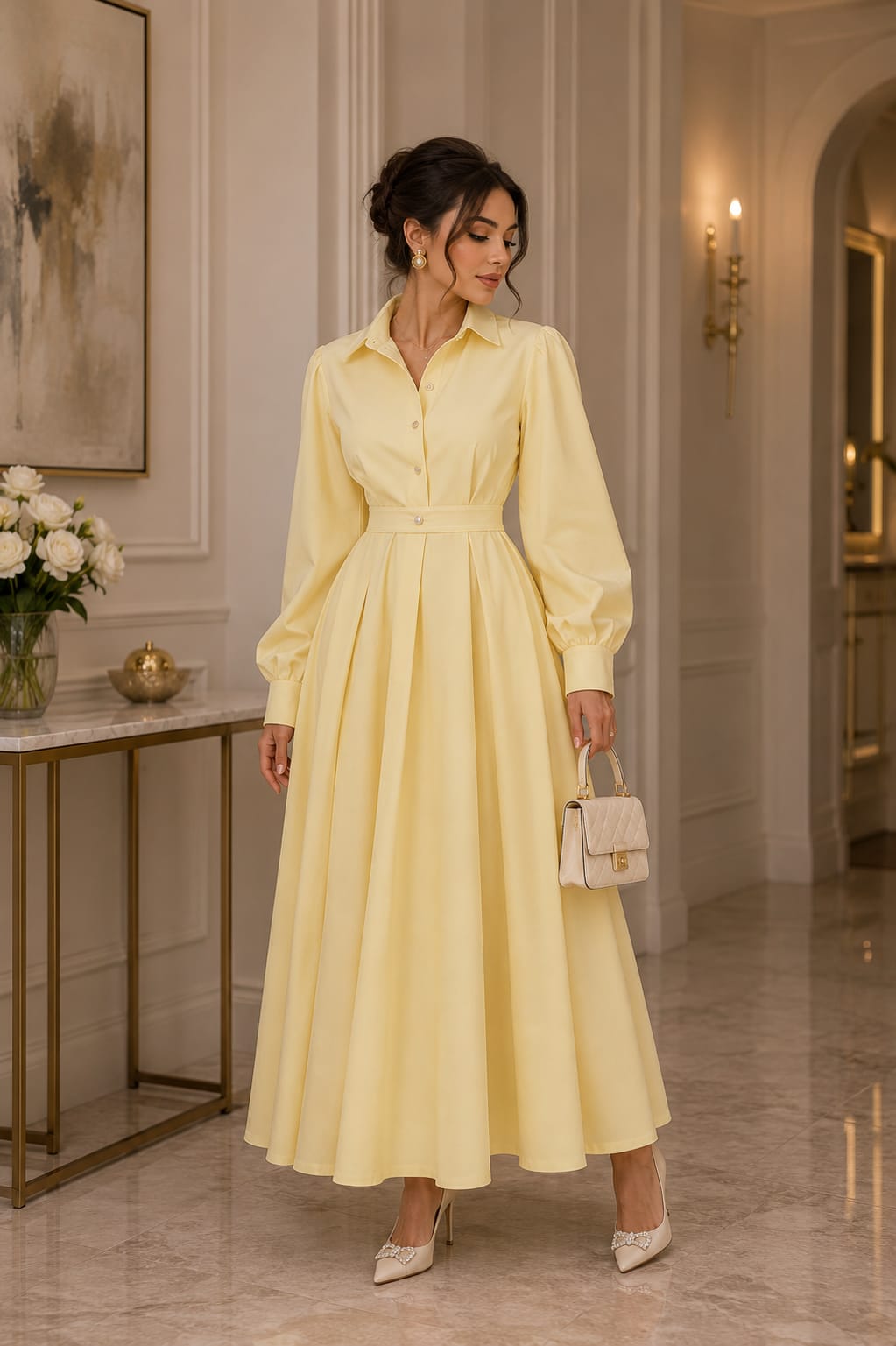 Elegant long dress with a wide cut and shirt collar