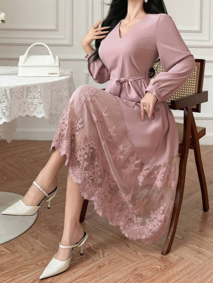DAZY Elegant V-Neck Lace Patchwork Waist Belt Midi Dress
