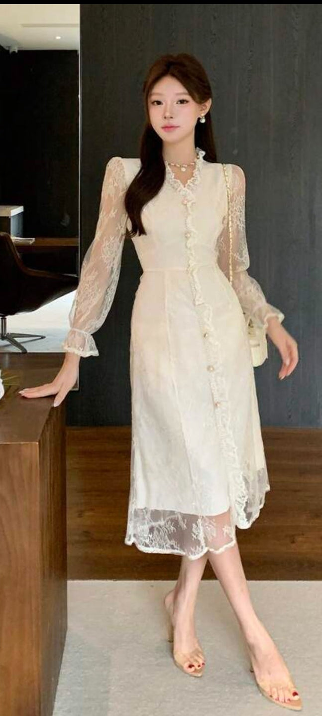 DAZY Elegant Lace Patchwork Stand Collar Frill Trim Midi Dress For Women, Autumn
