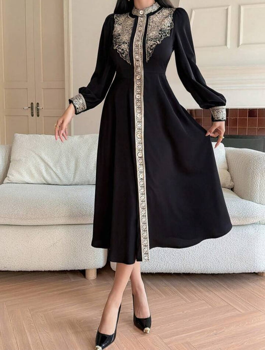 DAZY Long Sleeve Round Neck Gold Thread Embroidered