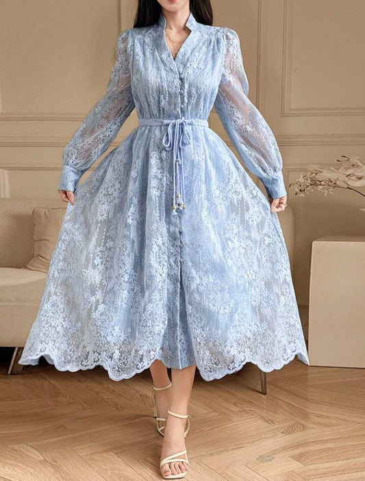 DAZY Women's Elegant Lace Petal Sleeve Belted Mid-Length Dress, Spring/Summer Sundress