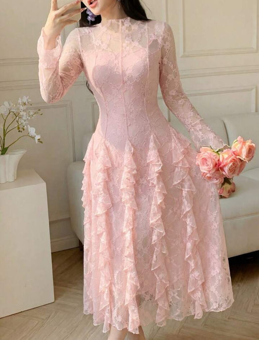 Modelyn Romantic & Elegant Pink Lace Flare Sleeve Ruffle