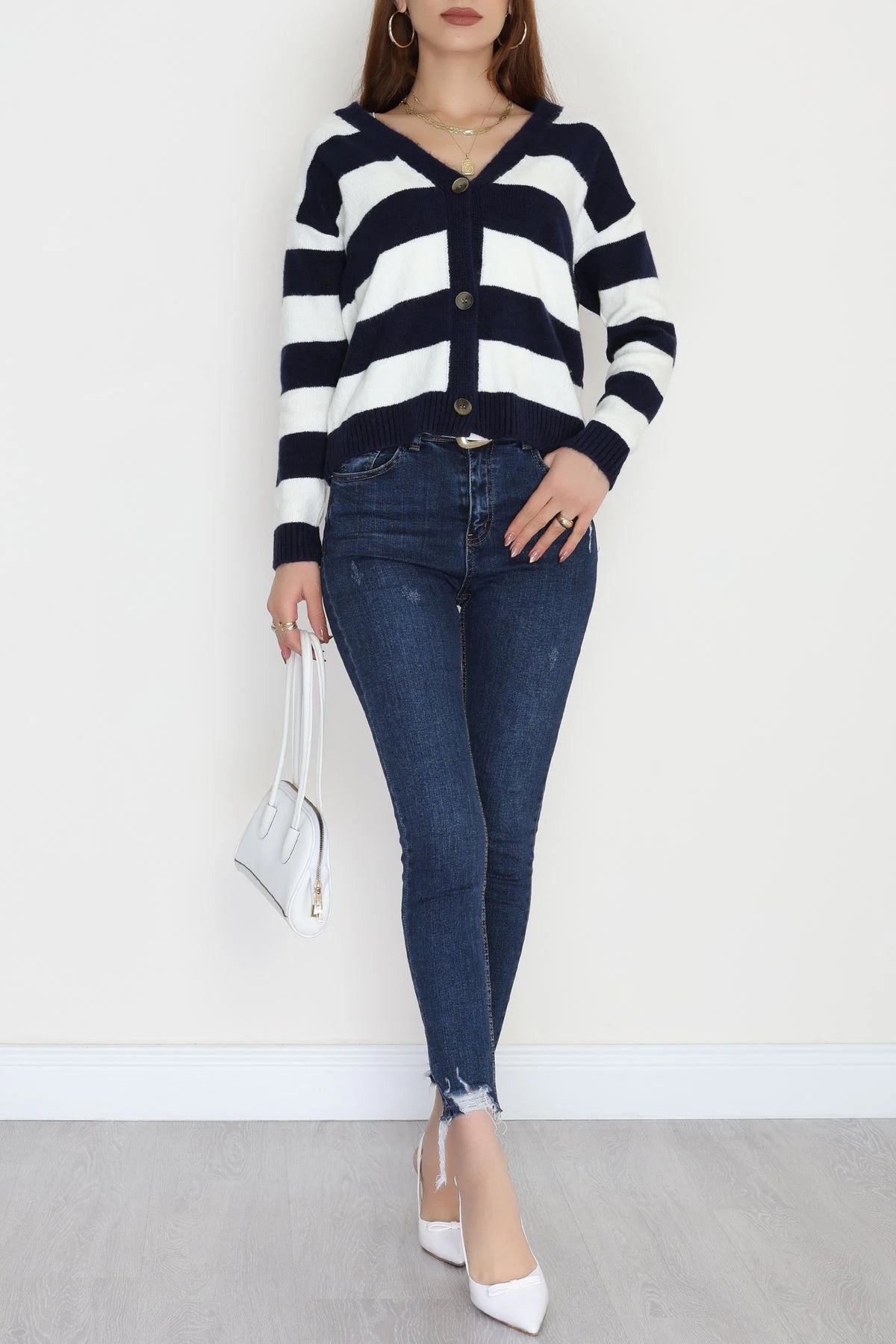 Women’s Brushed (Fleece) Button-Down Cardigan – Navy Blue