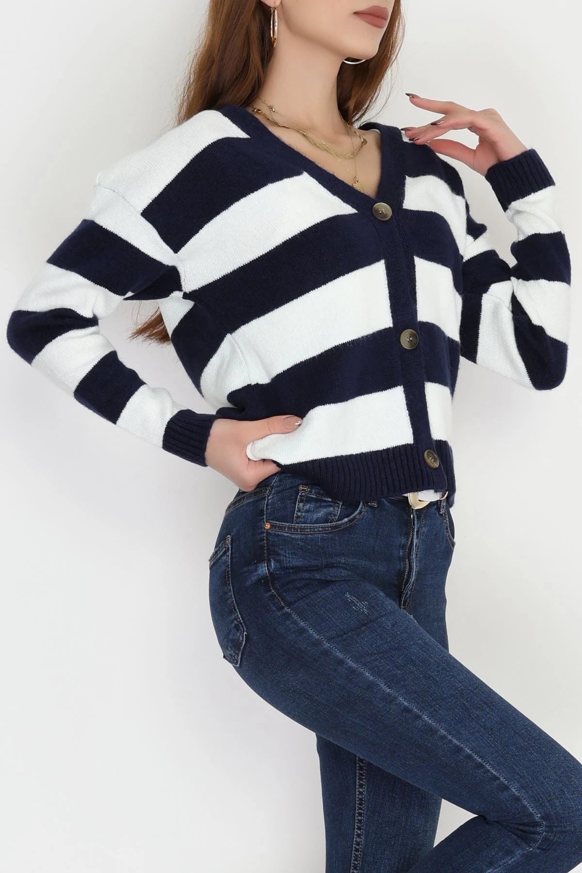 Women’s Brushed (Fleece) Button-Down Cardigan – Navy Blue