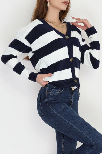 Women’s Brushed (Fleece) Button-Down Cardigan – Navy Blue