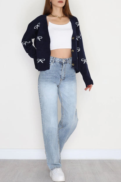 Women’s Brushed (Fleece-Lined) Button-Down Knit Cardigan – Navy Blue