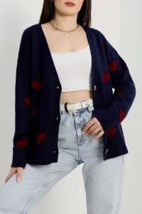 Women’s Heart Pattern Brushed Knit Cardigan – Black & Burgundy