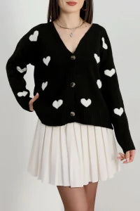 Women’s Heart Pattern Brushed Knit Cardigan – Black