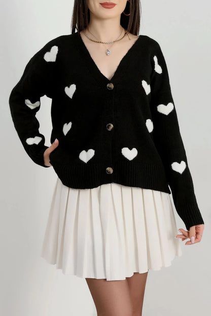 Women’s Heart Pattern Brushed Knit Cardigan – Black