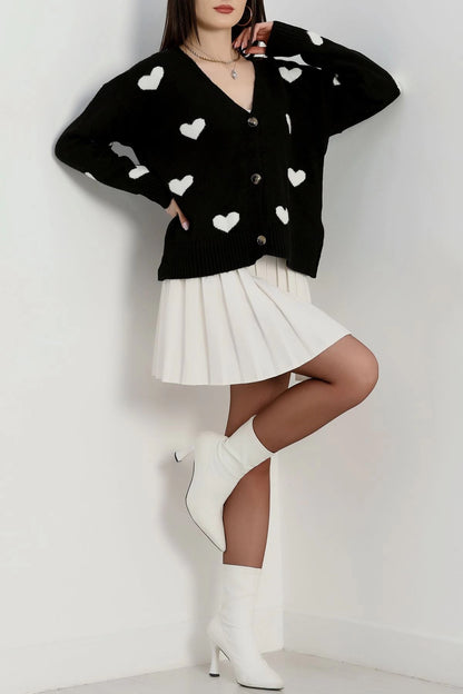 Women’s Heart Pattern Brushed Knit Cardigan – Black