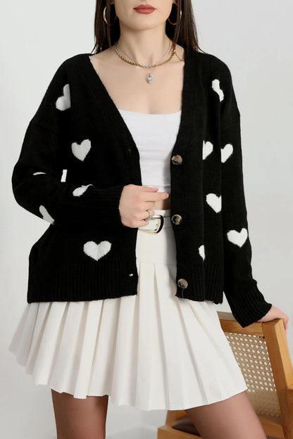 Women’s Heart Pattern Brushed Knit Cardigan – Black