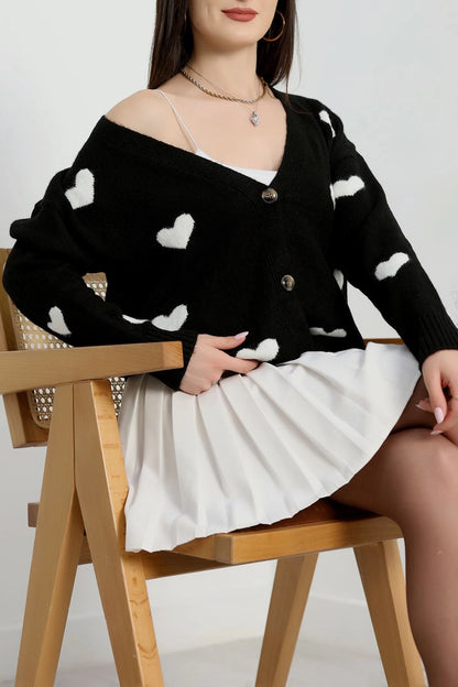 Women’s Heart Pattern Brushed Knit Cardigan – Black