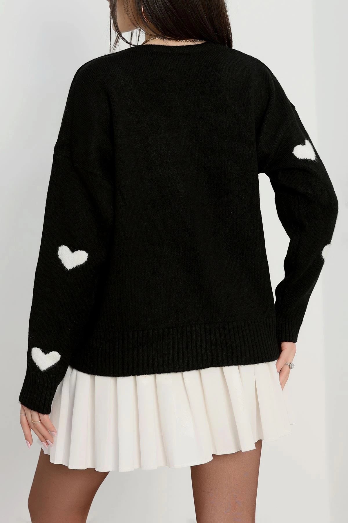 Women’s Heart Pattern Brushed Knit Cardigan – Black