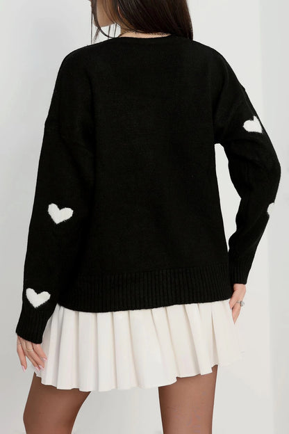 Women’s Heart Pattern Brushed Knit Cardigan – Black