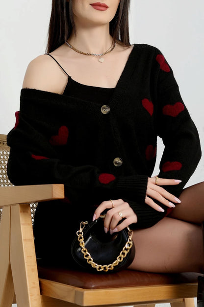 Women’s Heart Pattern Brushed Knit Cardigan – Black & Burgundy