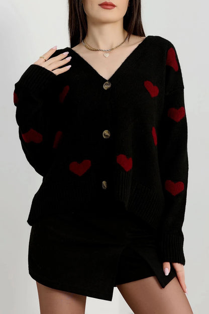 Women’s Heart Pattern Brushed Knit Cardigan – Black & Burgundy
