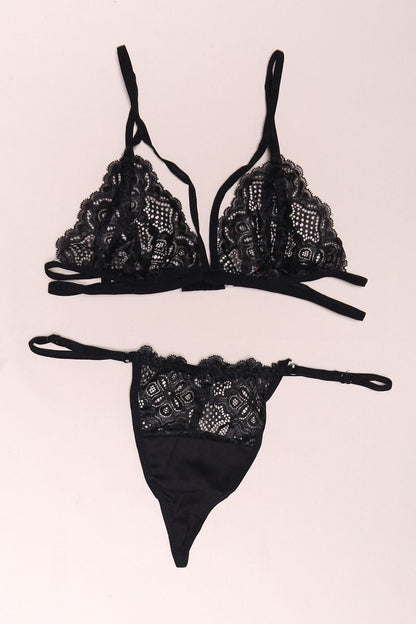 Sheer Black Lace Underwire Bra Set with Matching Thong