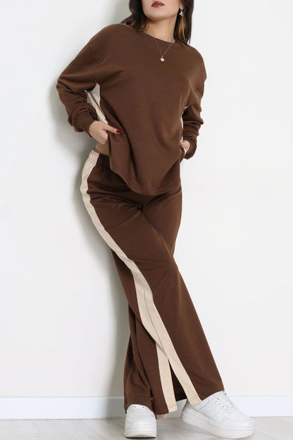Brown & Beige Side-Stripe Two-Thread Tracksuit Set