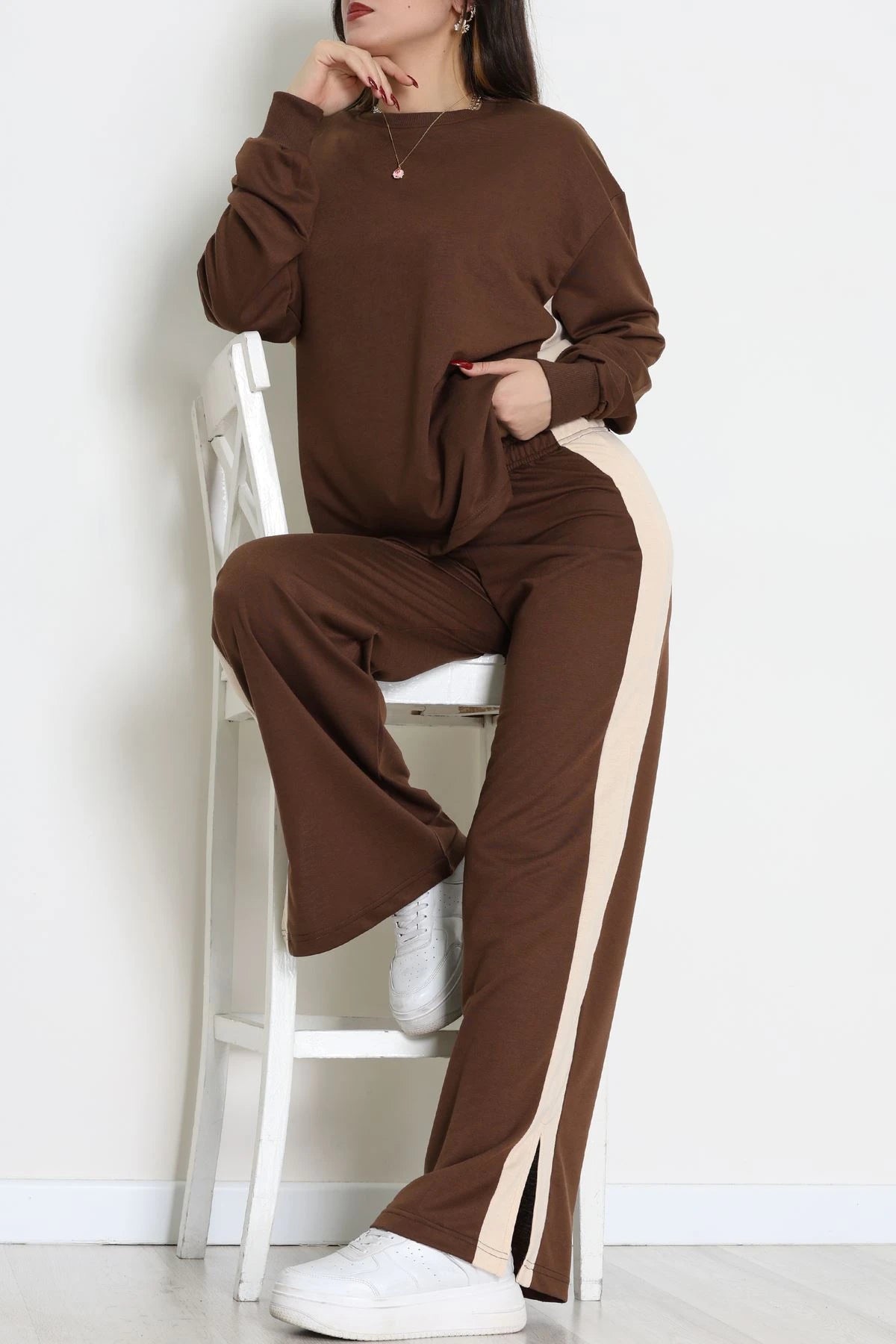 Brown & Beige Side-Stripe Two-Thread Tracksuit Set