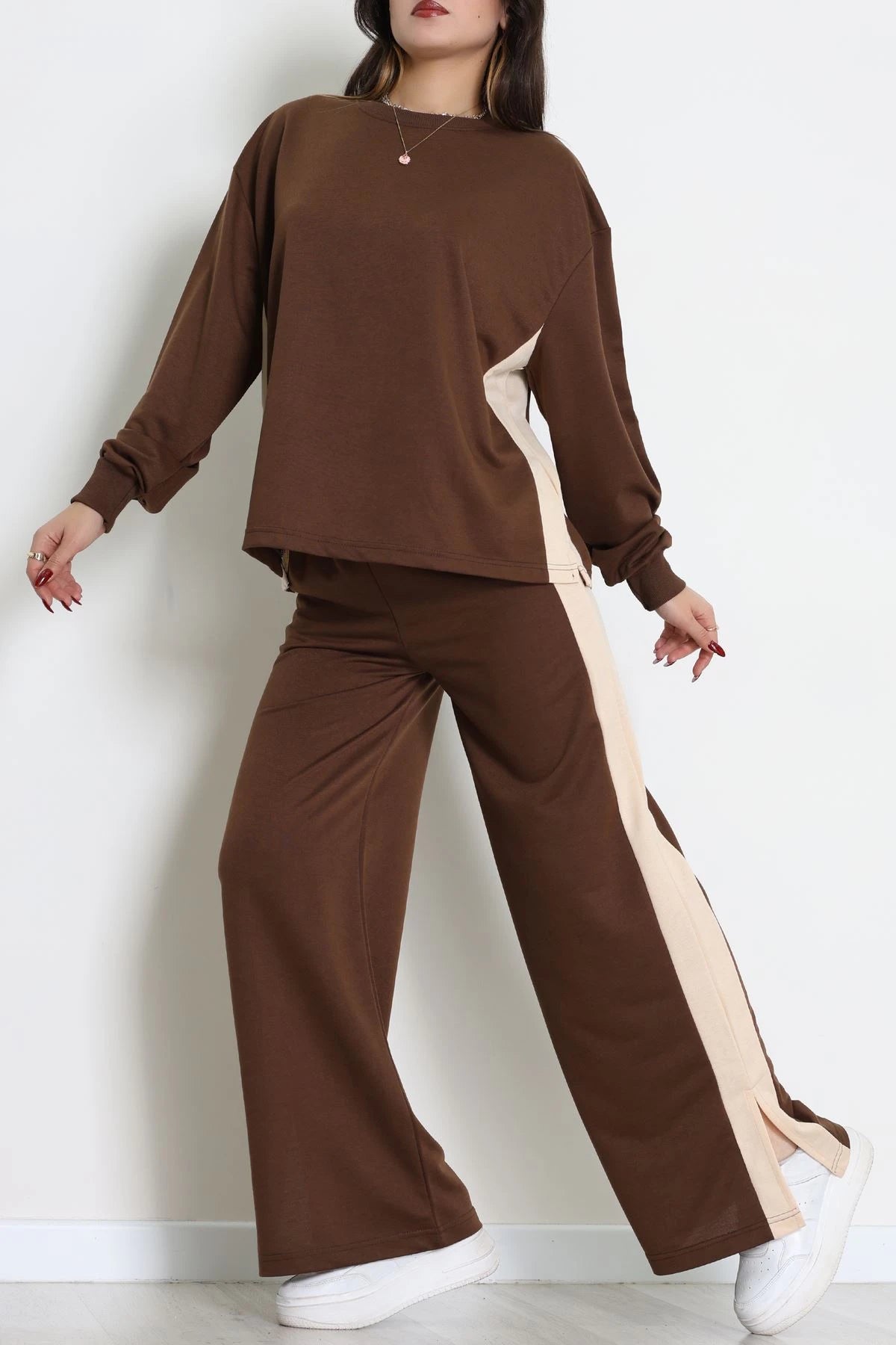 Brown & Beige Side-Stripe Two-Thread Tracksuit Set