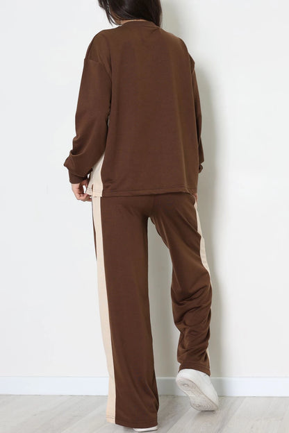 Brown & Beige Side-Stripe Two-Thread Tracksuit Set