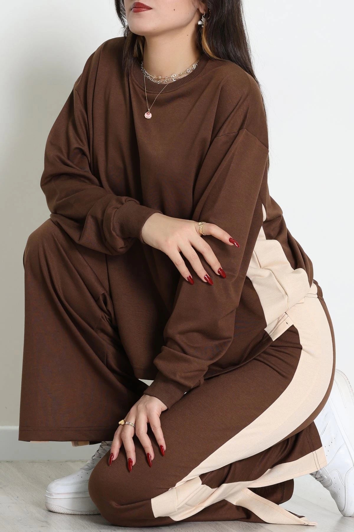 Brown & Beige Side-Stripe Two-Thread Tracksuit Set