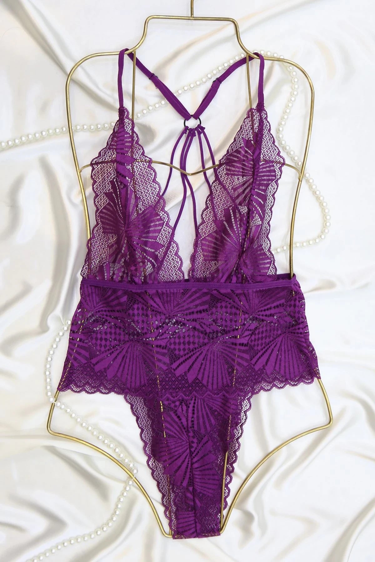 Lace Backless Bodysuit with Strappy Detail - Deep Purple
