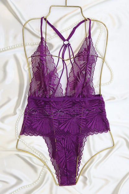 Lace Backless Bodysuit with Strappy Detail - Deep Purple