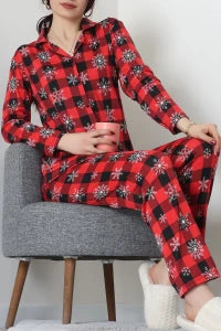 Navy Blue Plaid Faux Suede Button-Down Pajama Set