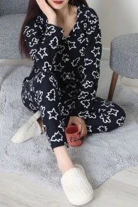 Black Striped Faux Suede Button-Down Pajama Set