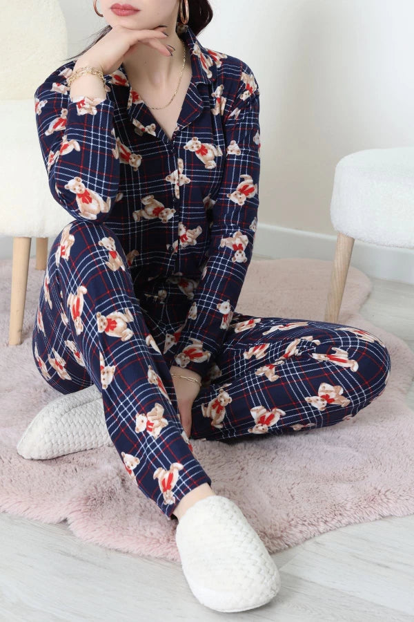 Navy Blue Plaid Faux Suede Button-Down Pajama Set