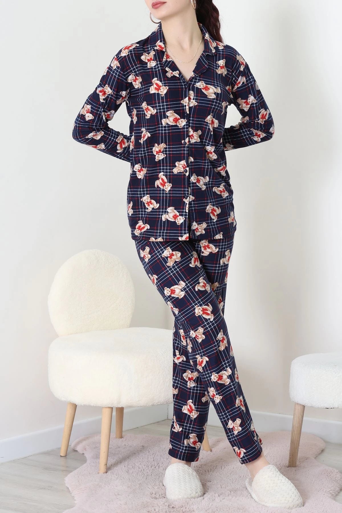 Navy Blue Plaid Faux Suede Button-Down Pajama Set